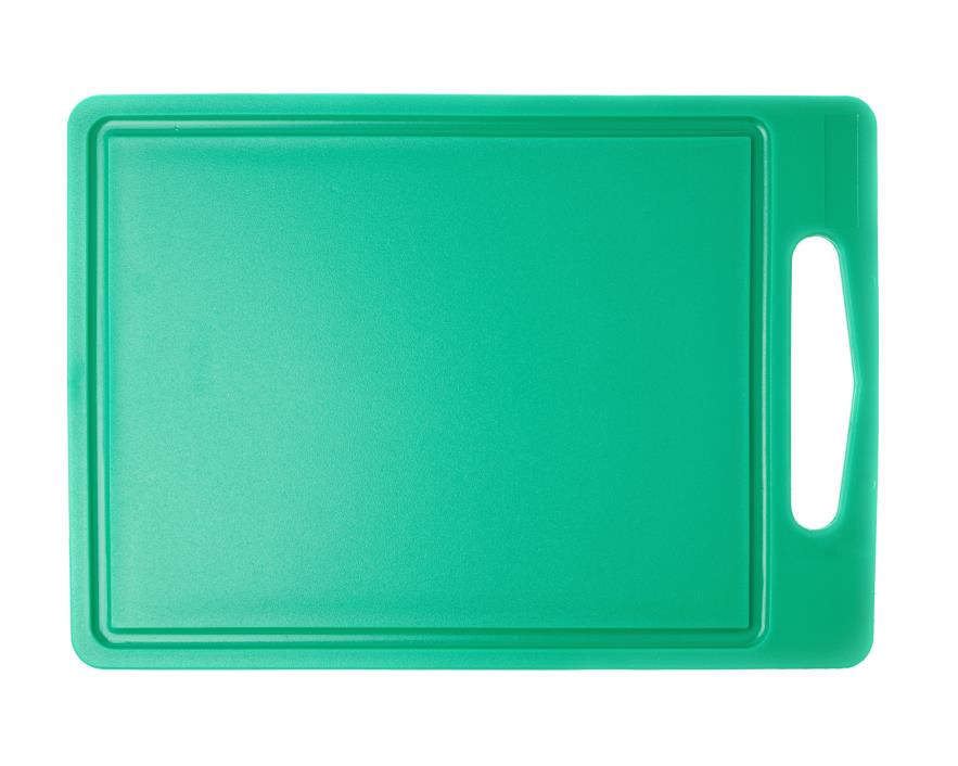 Green plastic cutting board on white background