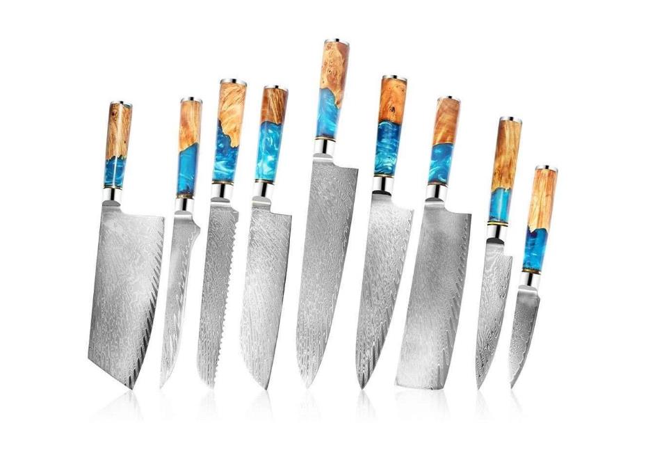 Damascus Clad 10Cr15CoMoV Stabilized Wood Kitchen Knife Set LRFDK-1-9