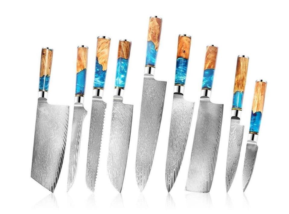 Damascus Clad 10Cr15CoMoV Stabilized Wood Kitchen Knife Set LKKSE10005