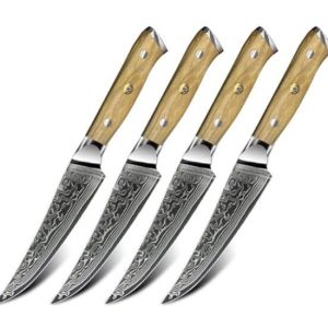 Damascus Clad 10Cr15CoMoV Olive Wood 4-Piece Steak Knife Set LKWSK10006