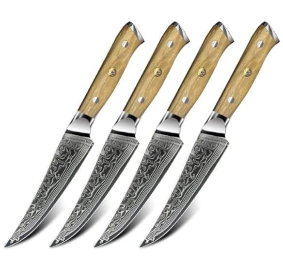 Damascus Clad 10Cr15CoMoV Olive Wood 4-Piece Steak Knife Set LKWSK10006