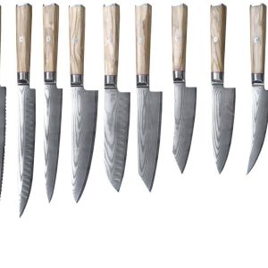 Damascus Clad 10Cr15CoMoV Olive Wood Kitchen Knife Set LKKSE10010