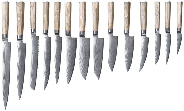 Damascus Clad 10Cr15CoMoV Olive Wood Kitchen Knife Set LKKSE10010