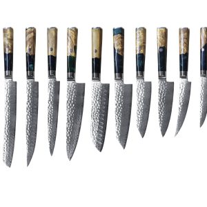 Damascus Clad 10Cr15CoMoV Stabilized Wood Kitchen Knife Set LKKSE10011