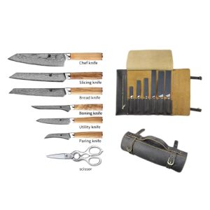 Damascus Clad AUS-10 Olive Wood Kitchen Knife Set LKKSE10009