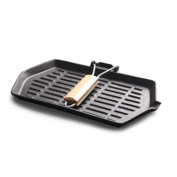Hexagon Cast Iron Grill Pan with Foldable Wood Handle LKGRI60012