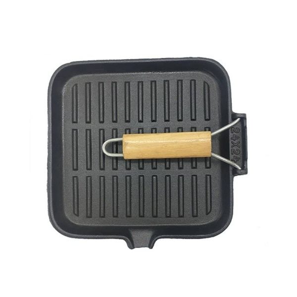 Square Cast Iron Grill Pan with Foldable Wood Handle LKGRI60013