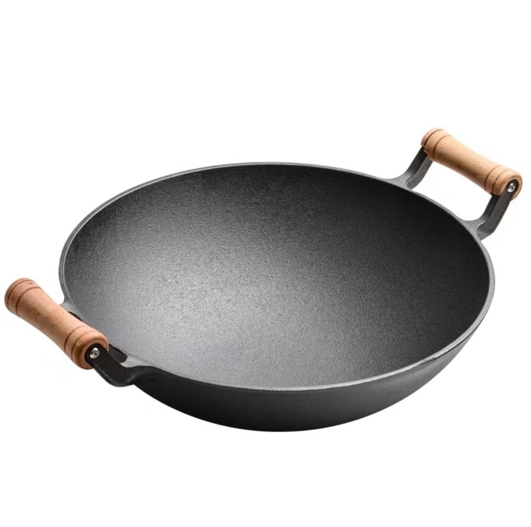 Cast Iron Wok With Wood Dual Handles LKWOS60005 LeeKnives