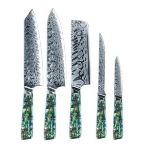 Damascus Clad AUS-10 Abalone Shell Kitchen Knife Set LKKSE10019