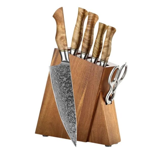 Damascus Clad 10Cr15CoMoV Acacia Wood Kitchen Knife Set LKKSE10025