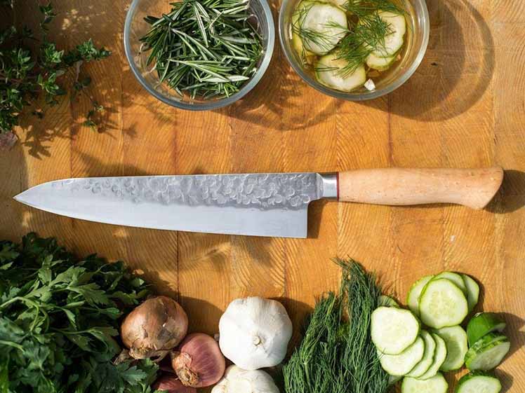 1084 Steel Chef Knife On Cutting Board