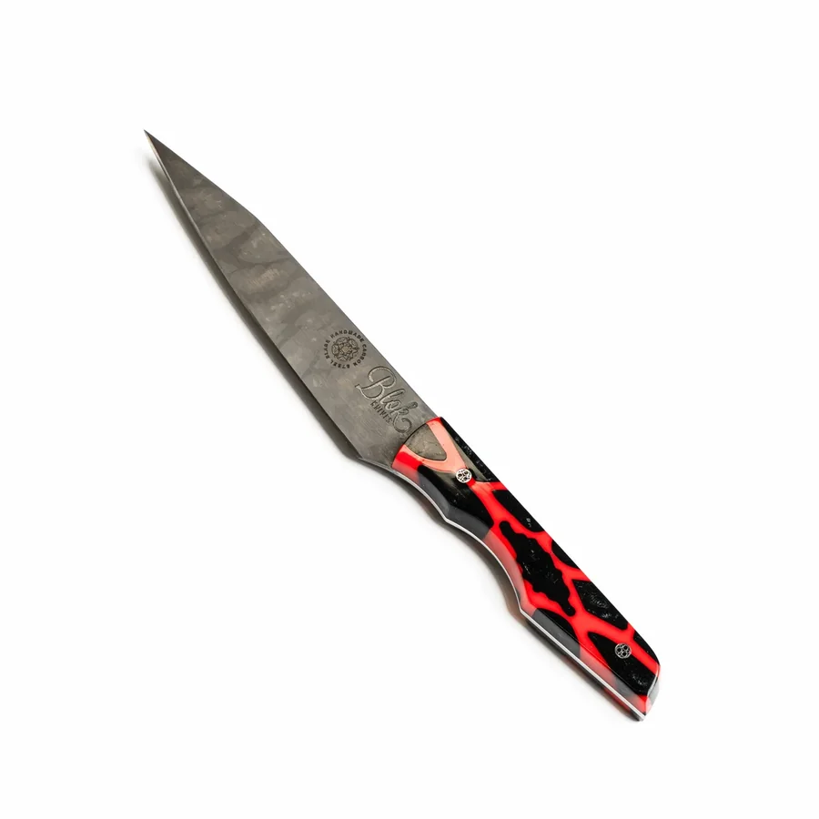 BLOK paring knife with a red and black Giraffe Resin handle